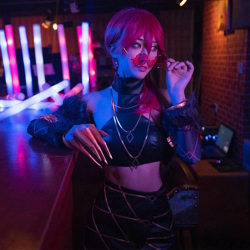 لعبة KDA كل خارج إيفلين أزياء تنكرية سترة التنانير KDA ملابس نسائية مثيرة لعب الأدوار شعر مستعار طويل أحذية الهالوين المخصصة