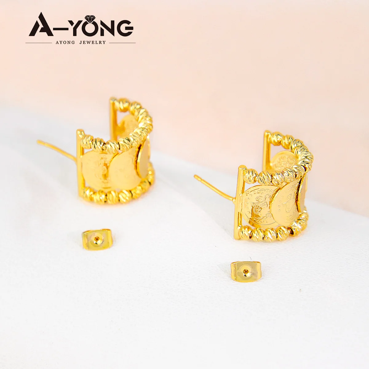 Turkish Vintage Coins Stud Earrings 24k Gold Plated Dubai Vintage Half Circle Earring Saudi Arabia Women Wedding Jewelry view 5