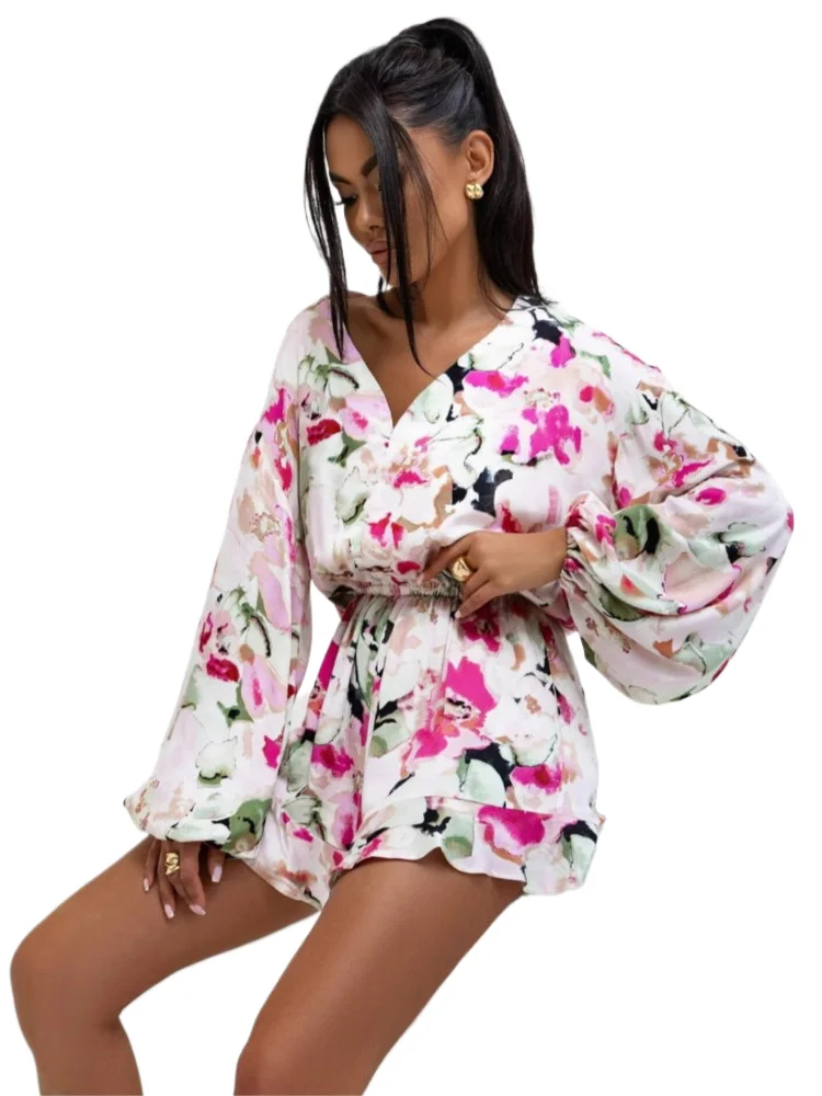 

New Summer Print Ruffles Short Pants Jumpsuit For Women Fashion Elegant Long Sleeve Casual Office Party Jumpsuits Rompers