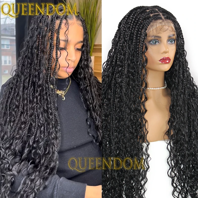 Full Lace Box Braid Perruque synthétique, Tresses au crochet bohème, Perruque de déesse avec extrémités bouclées, Perruque tressée Cornrow sans nœuds, 32 po