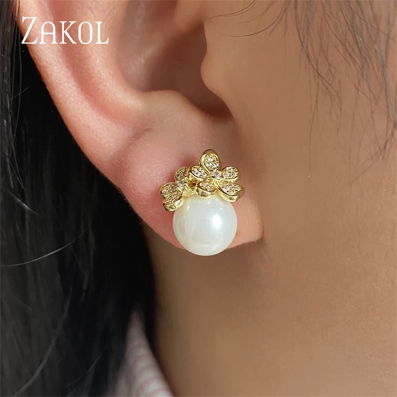 ZAKOL Exquisite Micro Inlay Zircon Flower Stud Earrings for Women Fashion Pearl Wedding Party Jewelry