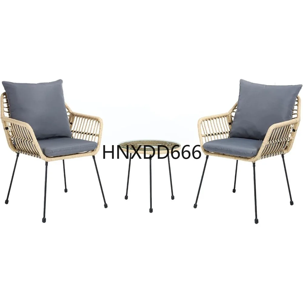 

3 Pieces Patio Bistro Set, Upholstered Rattan Outdoor Chairs with Coffee Table, Metal Frame Bistro Table and Chairs Set of 2