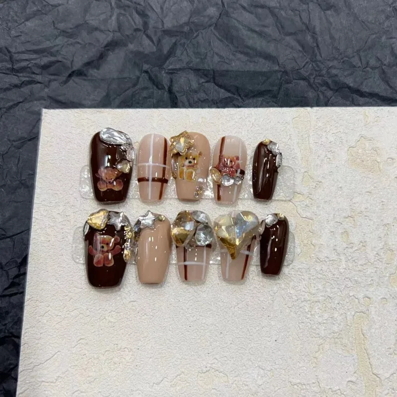 10Pcs /Set Full Cover False Nails Press on Nails Diy Handmade Patch Removable Fake Nails Cute Stuffed Bear Flash Diamond