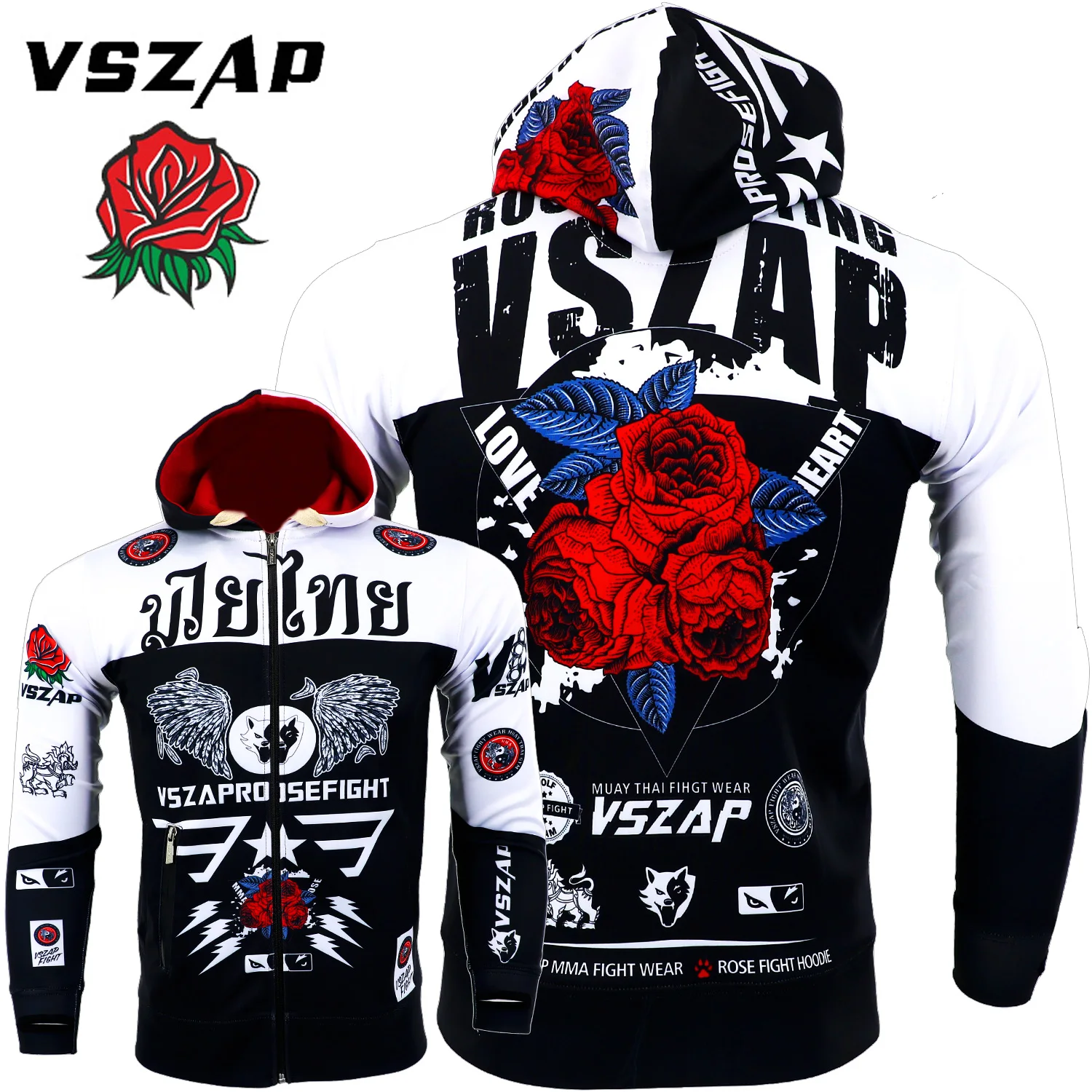 Vszap Muay Thai Hoodie,Boxing Hoodies For Men, Kickboxing Gym MMA Training Gift Rose Hoodie