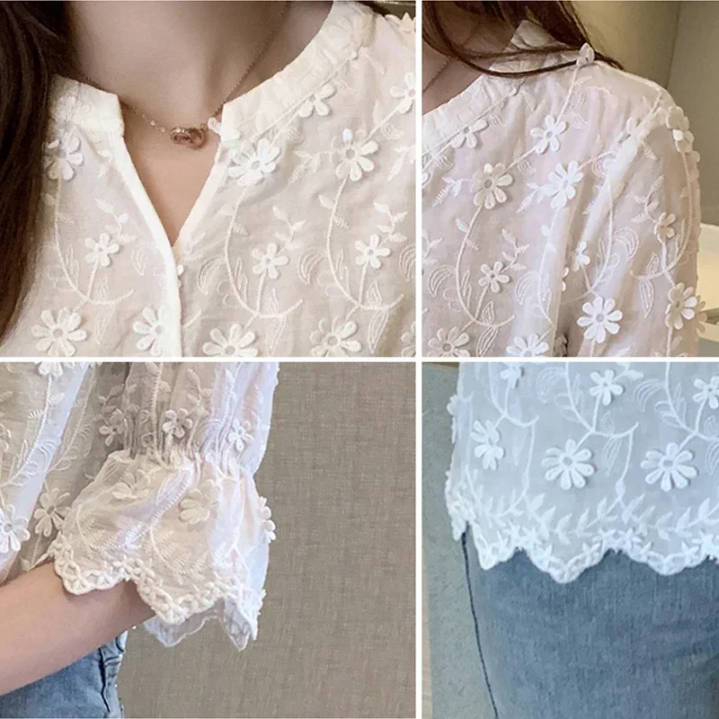 Fashion Lady\'s Shirt 2024 Spring New Stereoscopic Embroidered White Pure Cotton Blouse Floral Short Sleeve Woman\'s Shirt 9638