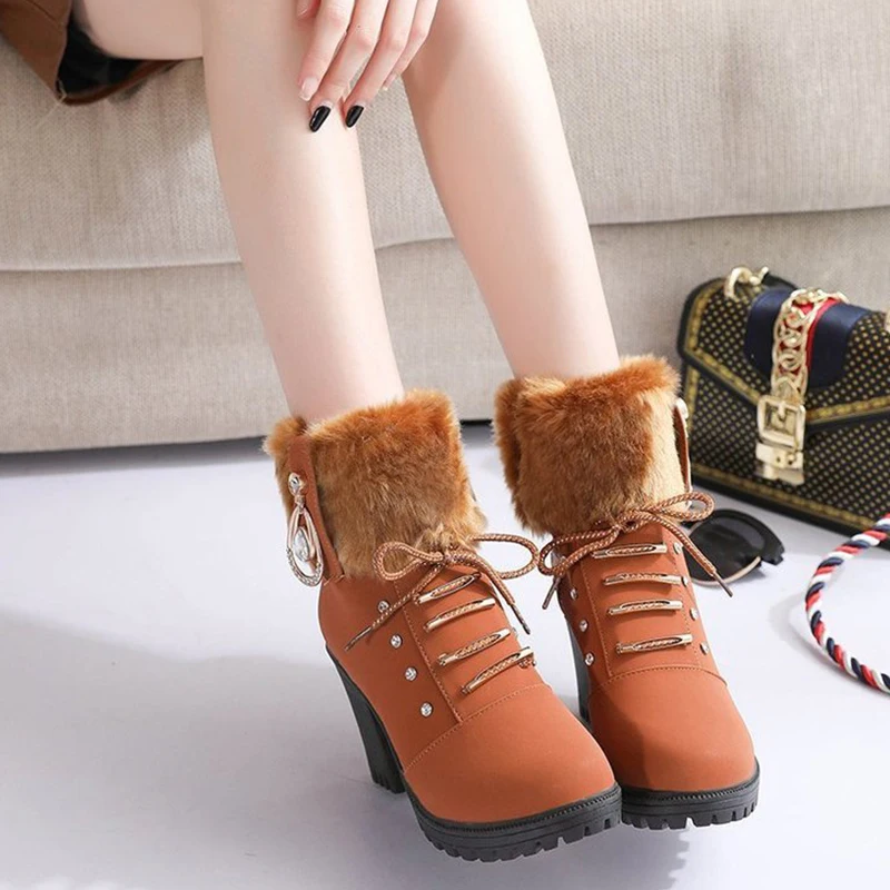 High Heel Winter Shoes Women Winter Boots Fashion Women\'s High Heel Boots Plush Warm Fur Shoes Ladies Brand Ankle Boots crystal