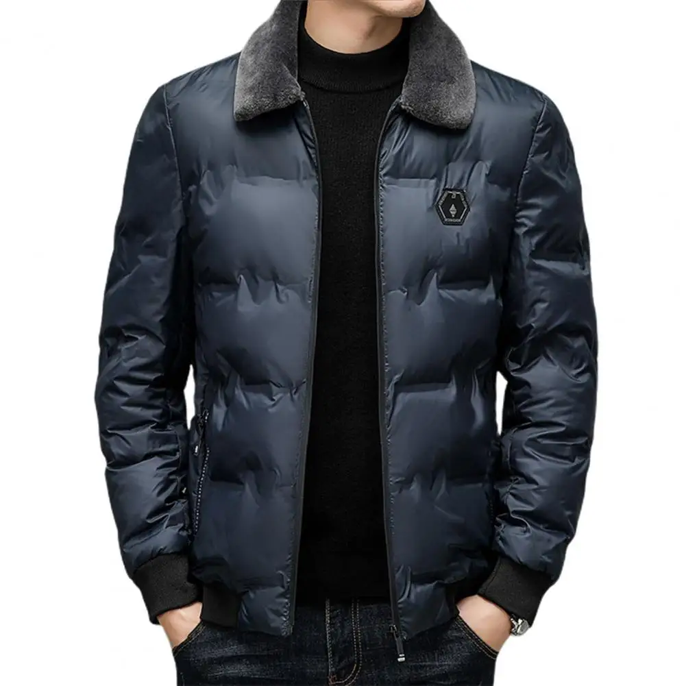 Winter Men Down Coat Windproof Thickened Padded Cold Resistant Loose Plus Size Faux Fur Lapel Long Sleeve Pockets Jacket