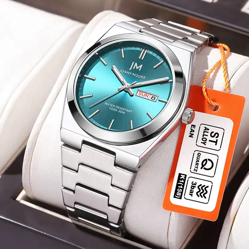 

Gift Box Watches for Man JONNY MOORE 1011 New Quartz Wristwatch Calendar Week Waterproof Stainless Steel Business Men Watch