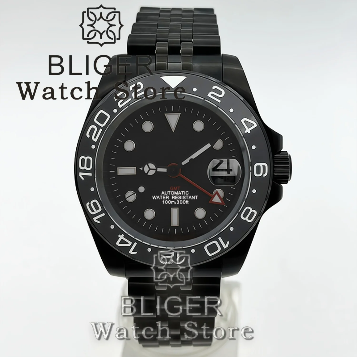 

BLIGER 40mm Full Black NH34 GMT Watch For Men Black White Dial Sapphire Glass Green Luminous Waterproof Reloj Hombre Wristwatch