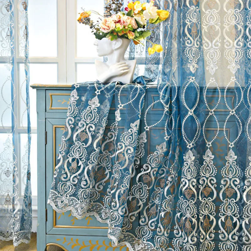 Beige Luxury Embroidery Tulle Curtains for Living Room Blue Elegant Floral Voile Window Screen Sheer Bedroom Curtains Drapes