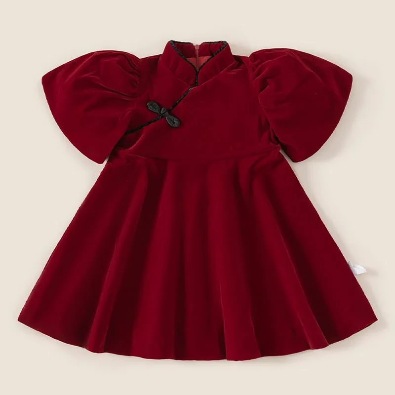 

Spring Autumn Baby Girl Dress Chinese New Year Short Sleeve Fleece Red Party Birthday Luxury Dresses 2026 Kids Clothing B226
