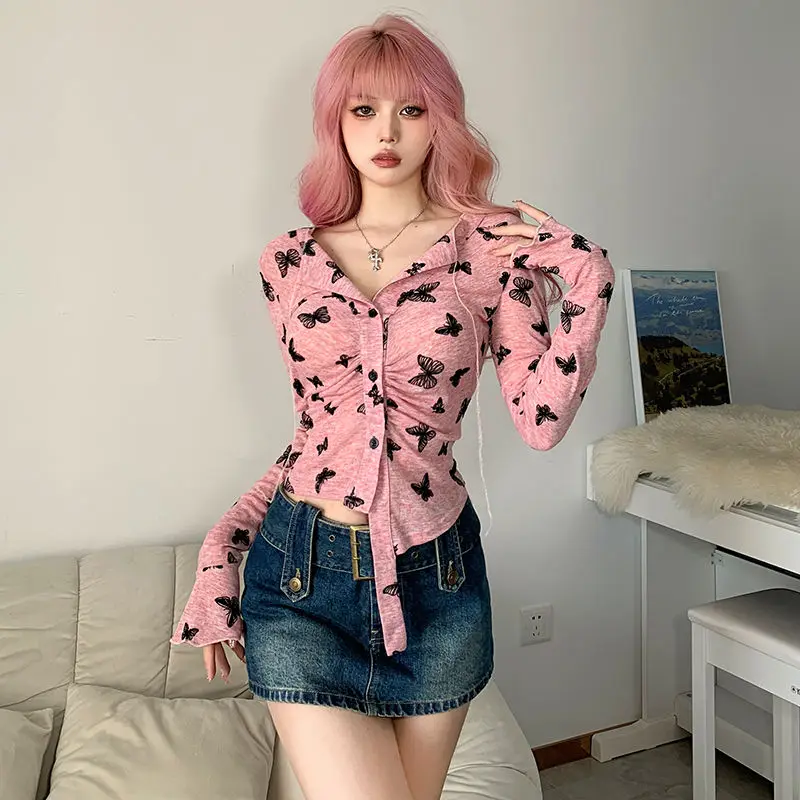 Deeptown Sexy Pink Graphic Blouses Women V-neck Y2k Cropped Shirts Vintage Long Sleeve Harajuku Fairycore Korean See-through Top