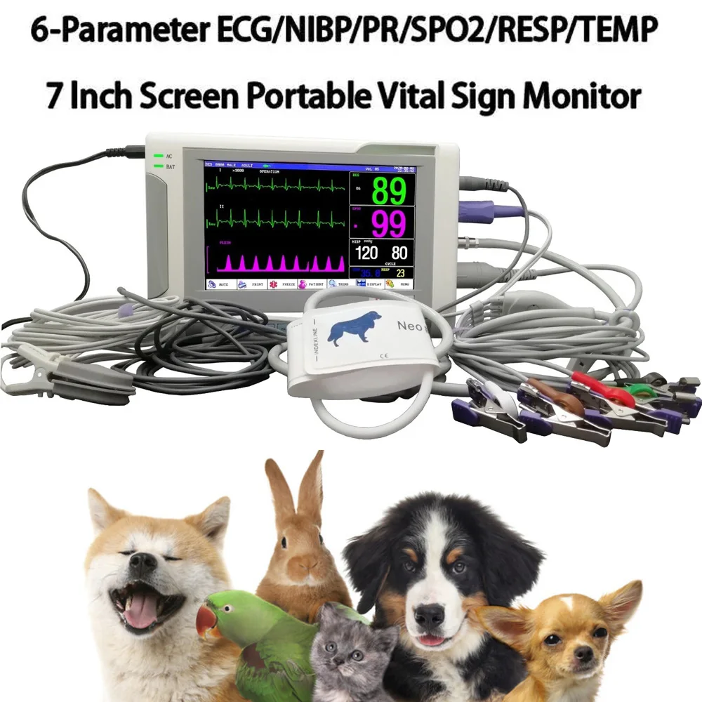 

7 Inch Portable Pet Veterinary Monitor ECG/NIBP/PR/SPO2/RESP/TEMP Veterinary Medical Clinic Multiparameter Animals Monitor