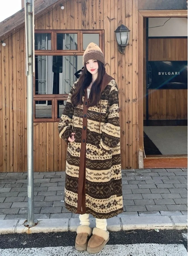 

plus Size Warmthly Knitted Loose Fit Mid-Length Coat for Women Autumn Winter Faion Sli Casual High Waist Button Detail