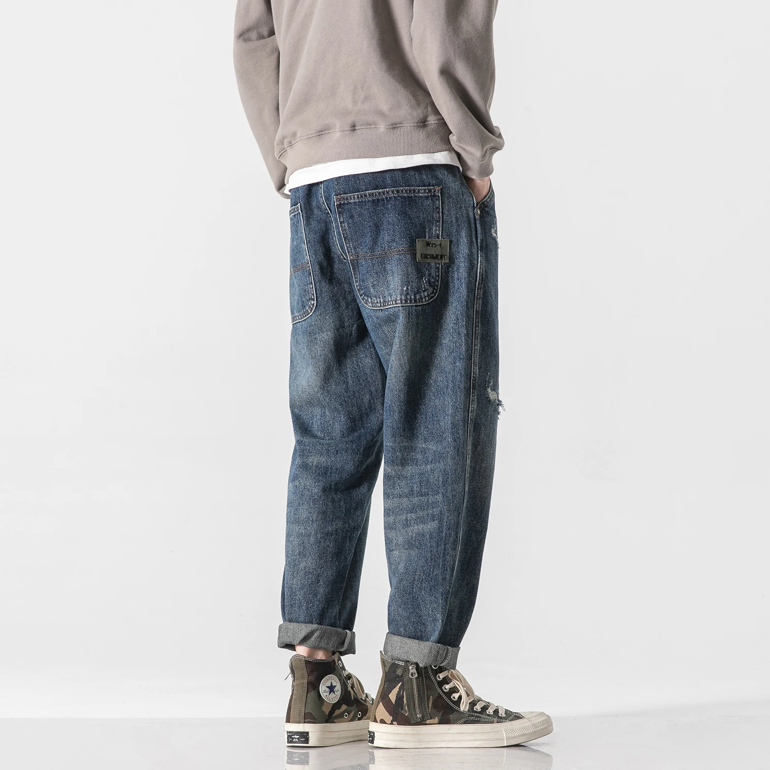 

Retro Japanese Sle Men's Jeans Casual Loose Straight Leg Harlan Nine-Piece Hole Punching Spring Autumn New Sle