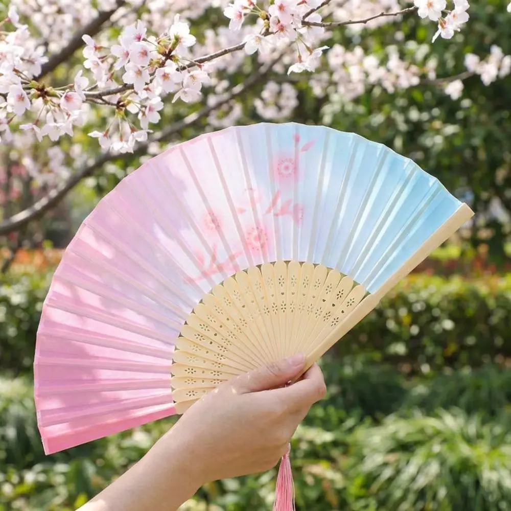 Elegant Fan Colorful Hand Folding Fan Traditional Wooden Handle Bamboo Fan Vintage with Tassel Dance Fan Home Decoration