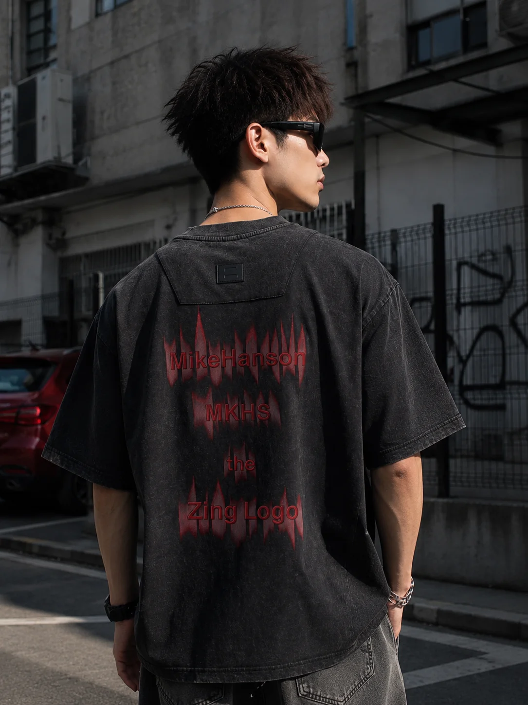 Men Washed Black Tee MikeHanson Red Embroidery Zing Logo Unisex Oversized Y2K Gothic Streetwear Short Sleeve Casual Summer Tee