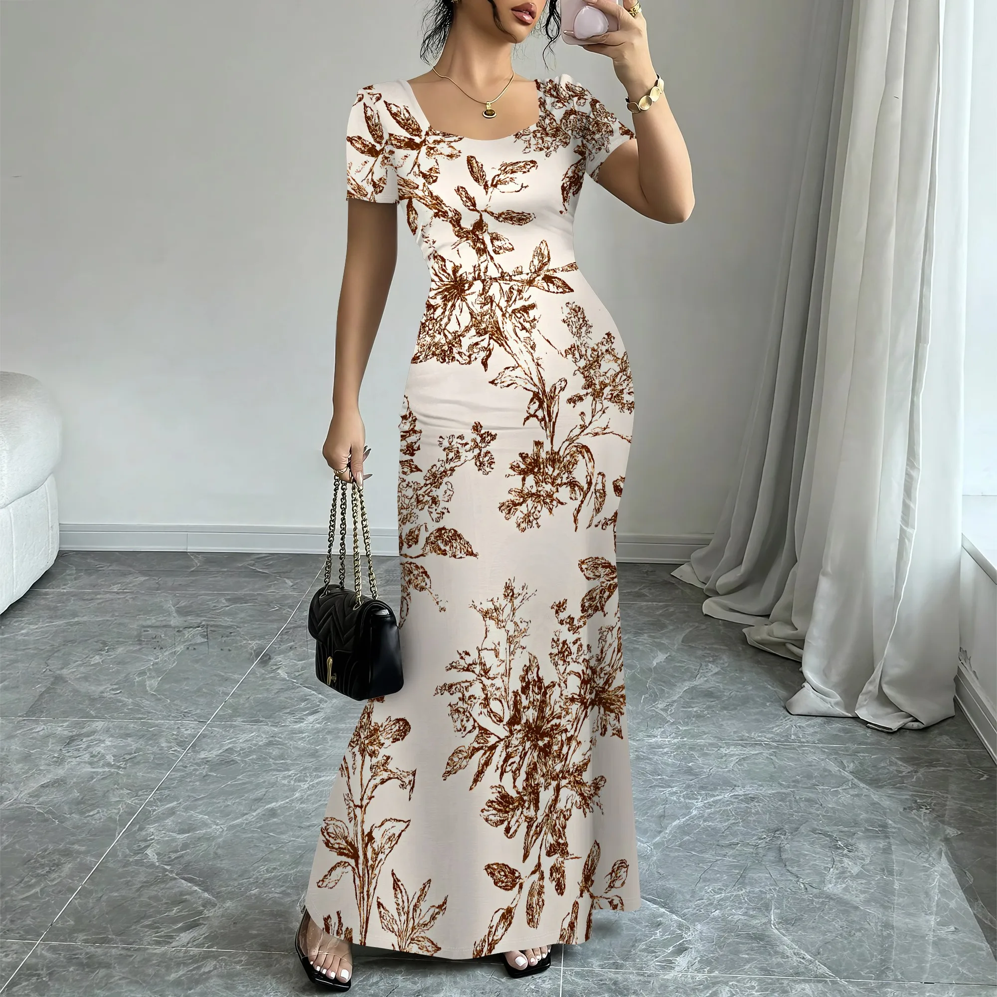 

Women’s Watercolor Floral Maxi Dress XS-3XL Short Sleeve Elegant Bodycon Style for Summer Beach Vacation Party 2025 New Arrival
