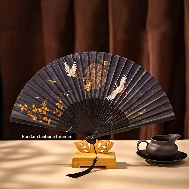 1PC Vintage Japanese Folding Fan Handmade Bamboo Silk Crane Design for Wedding Home Decor Dance Party Gift Retro Aesthetic