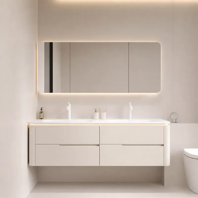 Corian Integrated Double Basin Bathroom Cabinet with Smart Mirror Arc Edge Oak Vanity Unit Wall Mounted Washbasin Combo