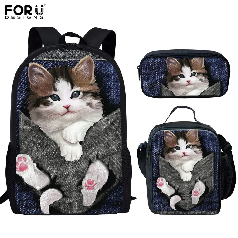 Cartoon Novelty Peculiar Cool Cute Cat Pattern 3D Print 3pcs/Set pupil School Bags Laptop Daypack Backpack Lunch bag Pencil Case