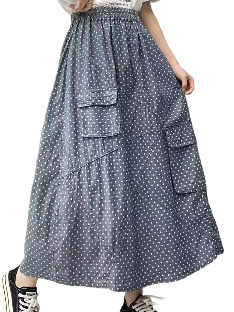 Amax luluE 2025 Womens Printed A-line Summer Fashion Loose Casual Dot Skirts Ladies Classic Denim Vintage Elastic Waist Clothes