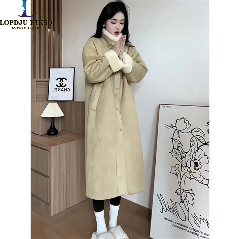 Single Breasted Faux Lamb Fur Coat for Women, O-Neck Long Jacket,Thick Warm Clothes,England Style,Autumn and Winter