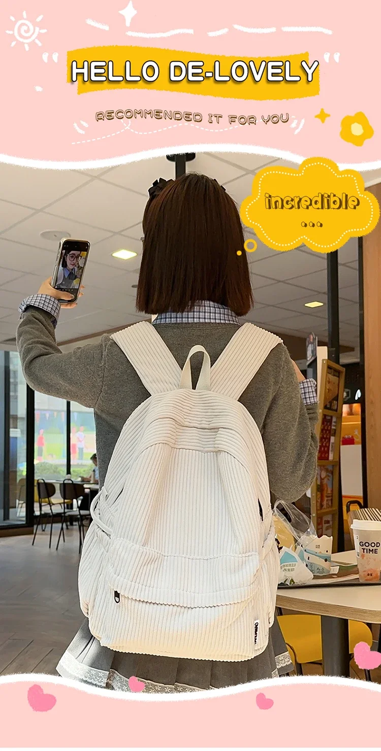 Solid Nylon Soft Sewing Thread Zipper School Bags 2026 High Quality Large Capacity Bags Corduroy Casaul Softback Youth Backpack