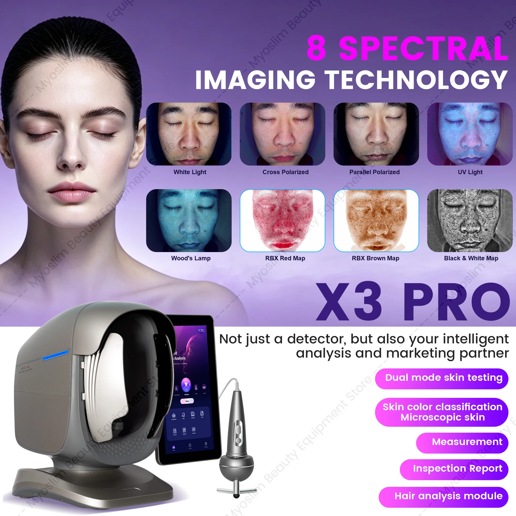 Professional X3 PRO AI Skin Analysis System 8-Spectrum Imaging for Wrinkles Pores Pigmentation and Scalp