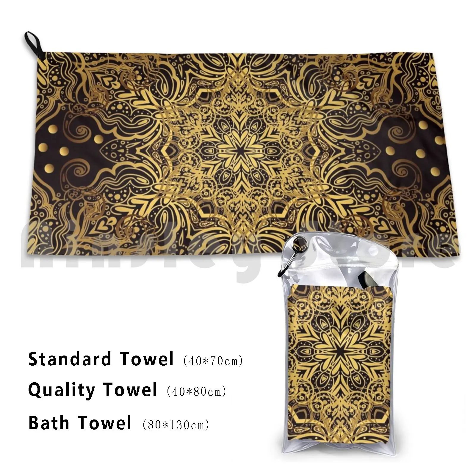Luxe Ornate Golden Yellow & Black Zen Mandala Filigree Pattern Bath Towel Beach Cushion Golden Yellow Black