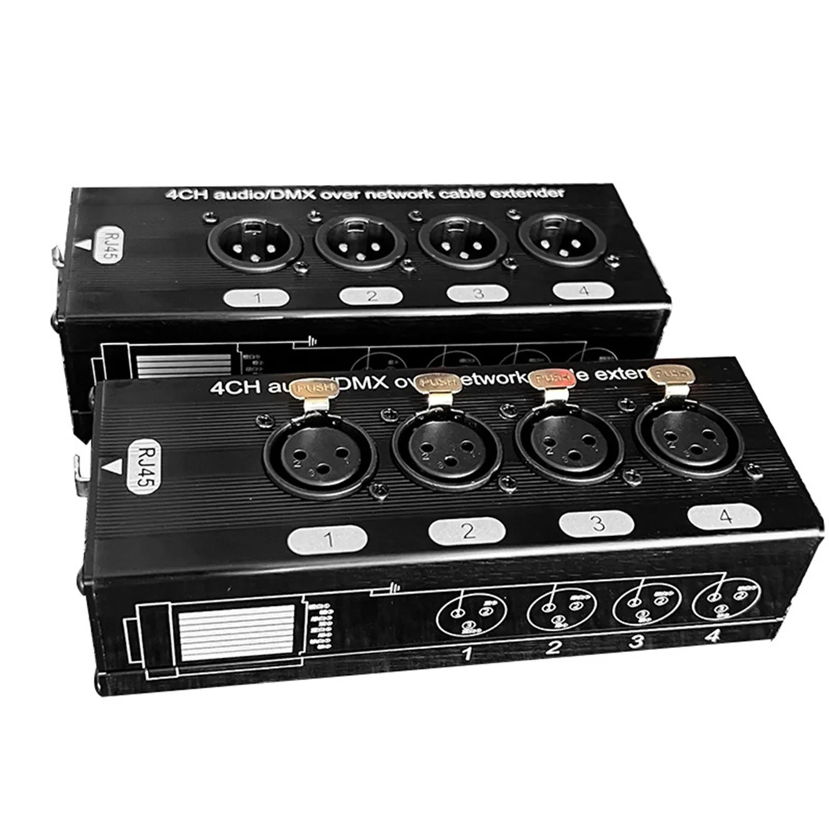 ตัวขยายสัญญาณเครือข่าย 4 ช่อง 4 XLR ถึง Rj45 Extender สําหรับการแสงเสียงบนเวทีและสตูดิโอบันทึกเสียง