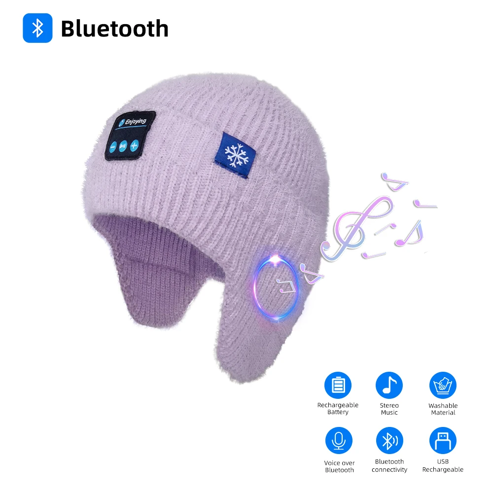 Bluetooth Beanie Hat Wireless Headphone, Men Women Winter Knit Hat with Ear Flaps Music Speaker Hat Outdoor Walking Cap, Purple