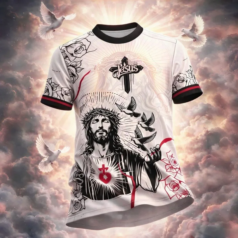 2026 New Christian Faith-Themed Jersey – Unisex Kids' Fan T-Shirt Featuring Jesus, Roses, and Peace Doves Family Matching Style