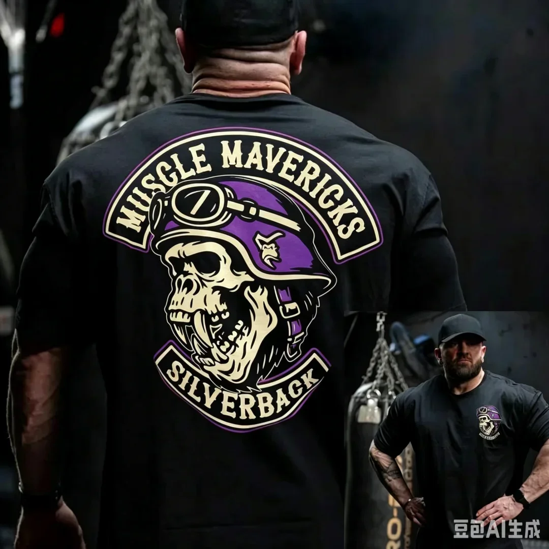2026 New Silver Back Muscle Mavericks Men's Gym T-Shirt Biker Skull Gorilla Graphic T Shirt for Oversized Street Man Clothes