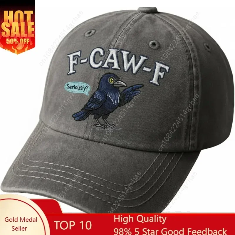 

F-CAW-F Serious Crow Embroidered Baseball Cap for Men & Women | Adjustable Vintage Washed Cotton Dad Hat Gray