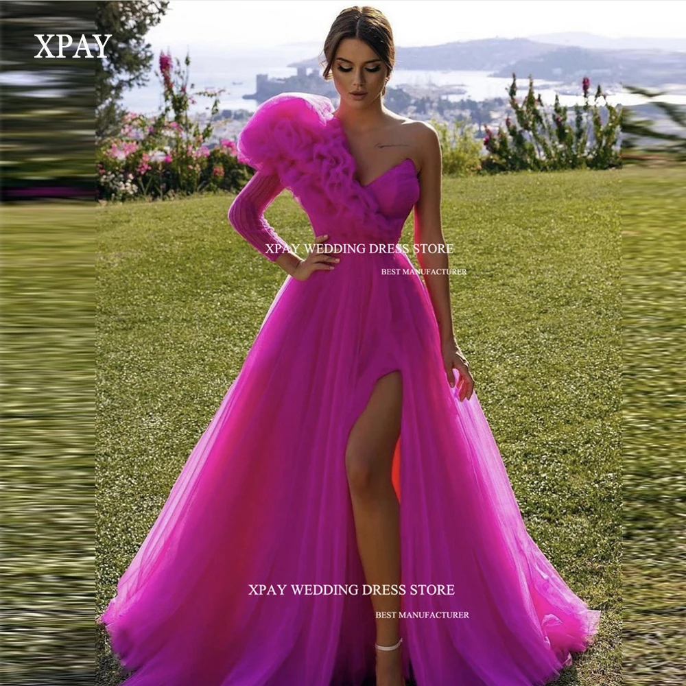 

XPAY Vintage One Puff Shoulder Party Dresses Floor-Length Split Dubai Arabia Women Evening Dresses Formal Prom gowns