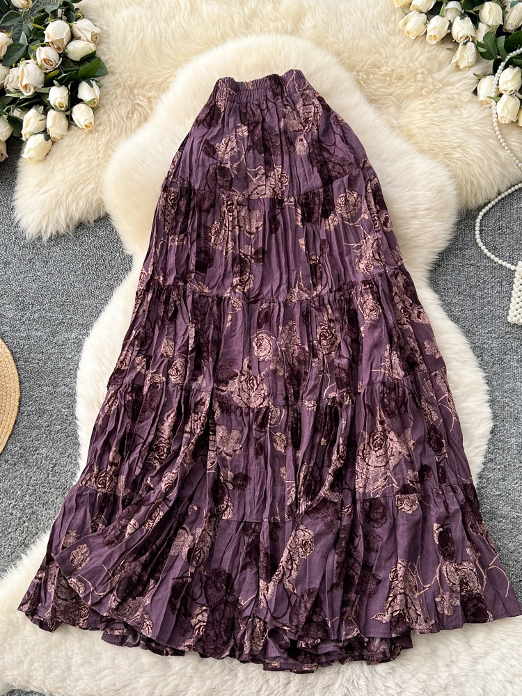 Women Skirt Autumn Winter French Vintage Pleated Floral Flowers Print Elastic Waist A-line Long Faldas Female multi color SK076