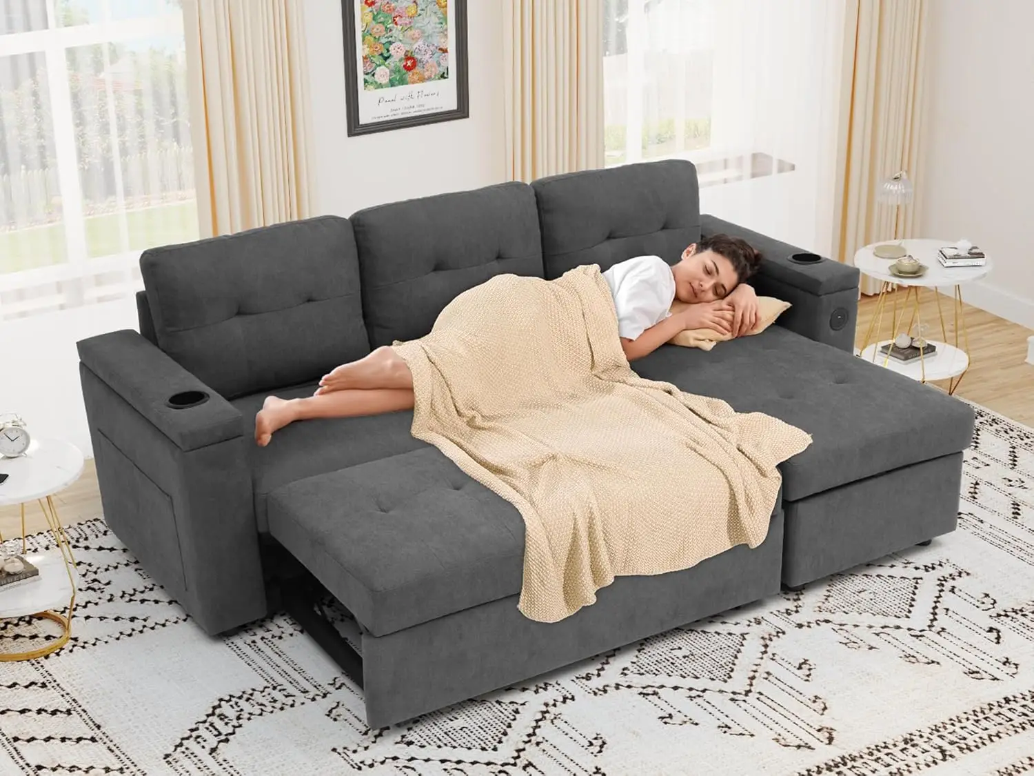 Dwvo Sectional Sofa Bed, Sleeper Sofa, Pull Out Couch With Usb Ports, L-Shaped Sectional Couch, Reversible Couch Bed With