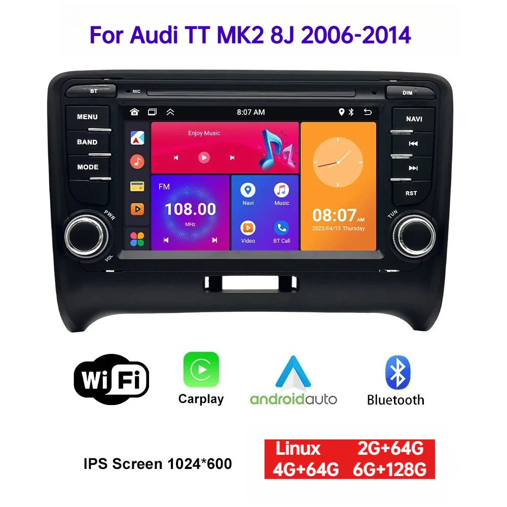 

For Audi TT MK2 8J 2006-2014 Car Multimedia Player 7" Touch Screen GPS Navigation Wireless CarPlay Android Auto Bluetooth Music