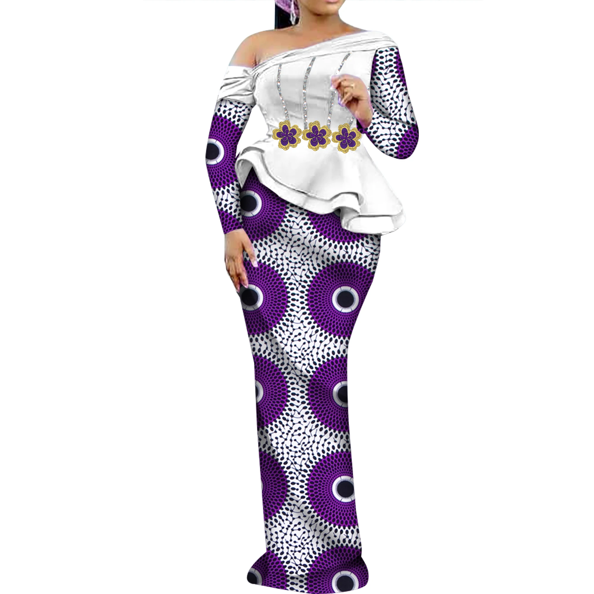 Ensemble dashiki bazin riche pour femmes africaines, vêtement de fête à manches longues, 2 pièces, wy9906