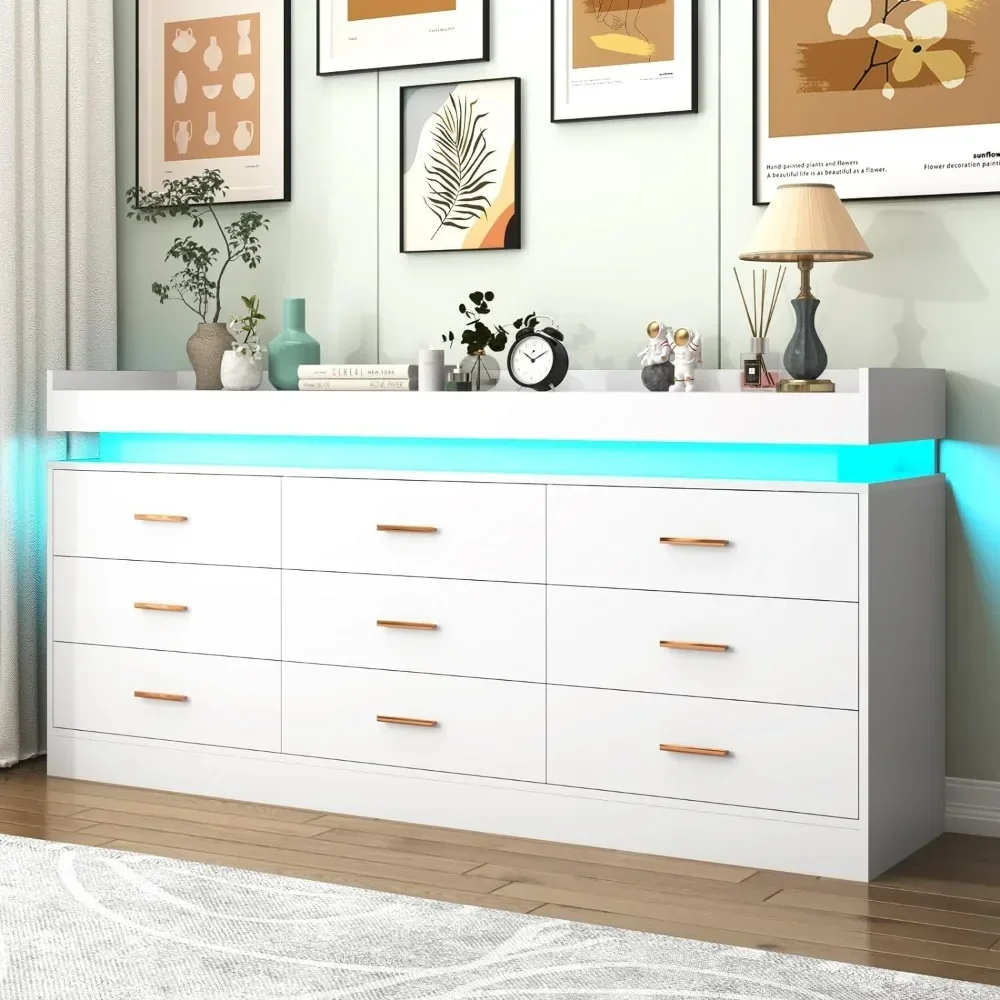 9 Drawer Dresser with LED Light, Modern Chest of Drawers for Closet, Wide Drawer Organizer Cabinet for Bedroom