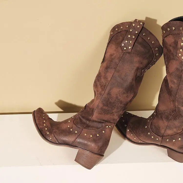 High Quality Punk Gothic style Vintage Motorcycles Western Boots for Women Black Rivets Knee High Boot Shoes
