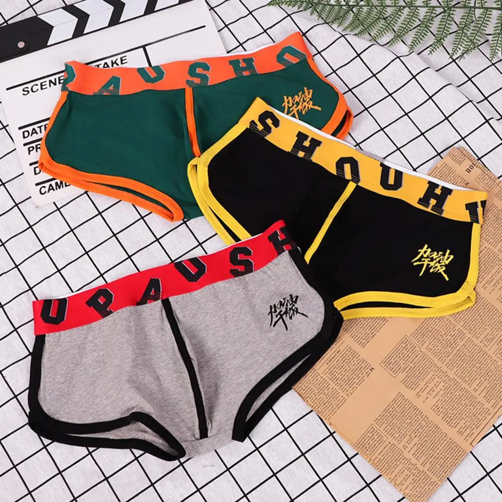 Men Boxers Mid-rise Elastic Waistline Letter Print Male Panties Simple Patchwork Color U Convex Shorts Briefs Cueca Para Homen