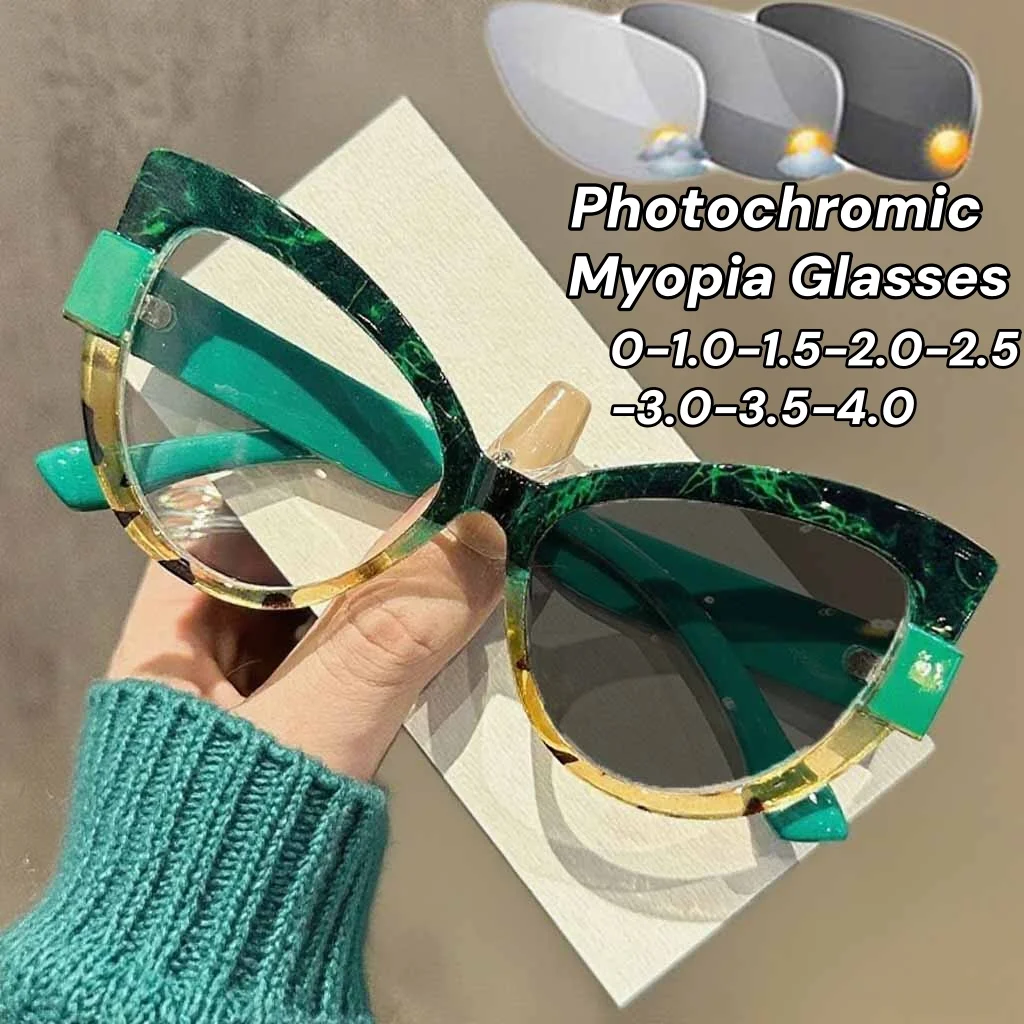 

Women Fashion Photochromic Myopia Glasses New Retro Oversized Near Sight Eyeglasses Men Vintage Cat Eye Frame Diopter Eyewear