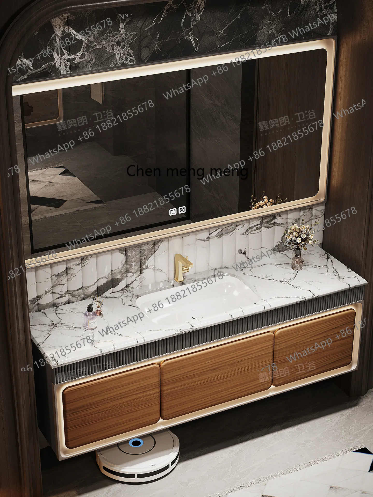 Modern light luxury ebony bathroom cabinet combination natural imported luxury stone washstand hand washing