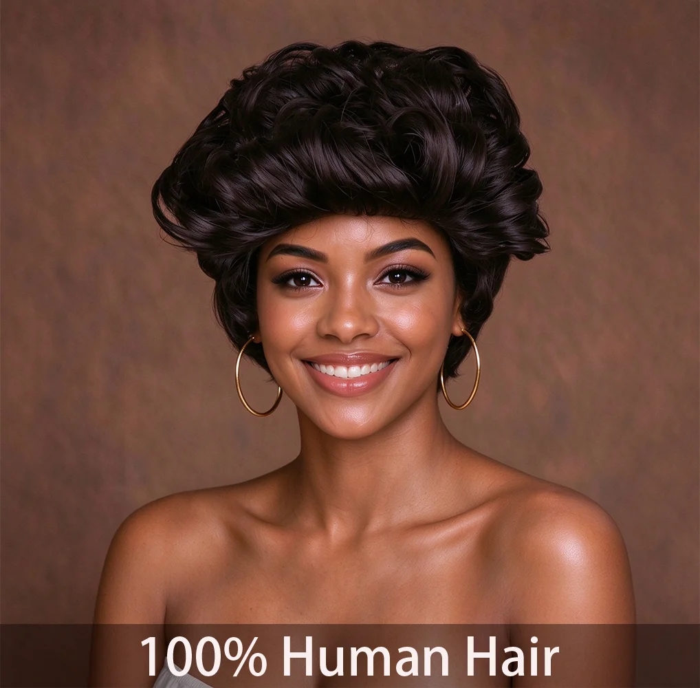 Short Curly Pixie Cut Wigs Loose Wave Curly Wig Natural Black 6 inch 180% Density Fashion Real Human Hair Wig Curly Wave & Water Wave Human Hair Wig For Woman Full Machine Made Wigs For Christmas Gift