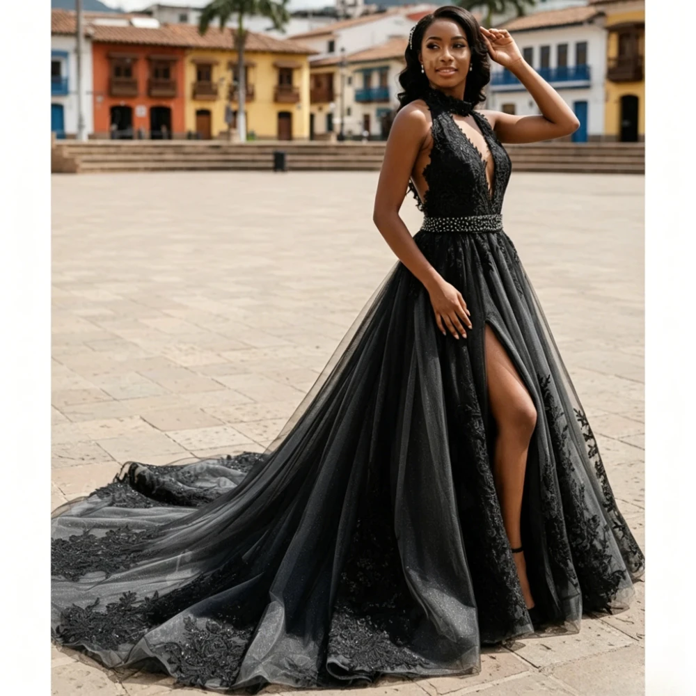 Customized Dark Gothic A Line Wedding Dress Halter Deep V Backless Floral Lace Applique Rhinestone Waistband Train Bridal Gown