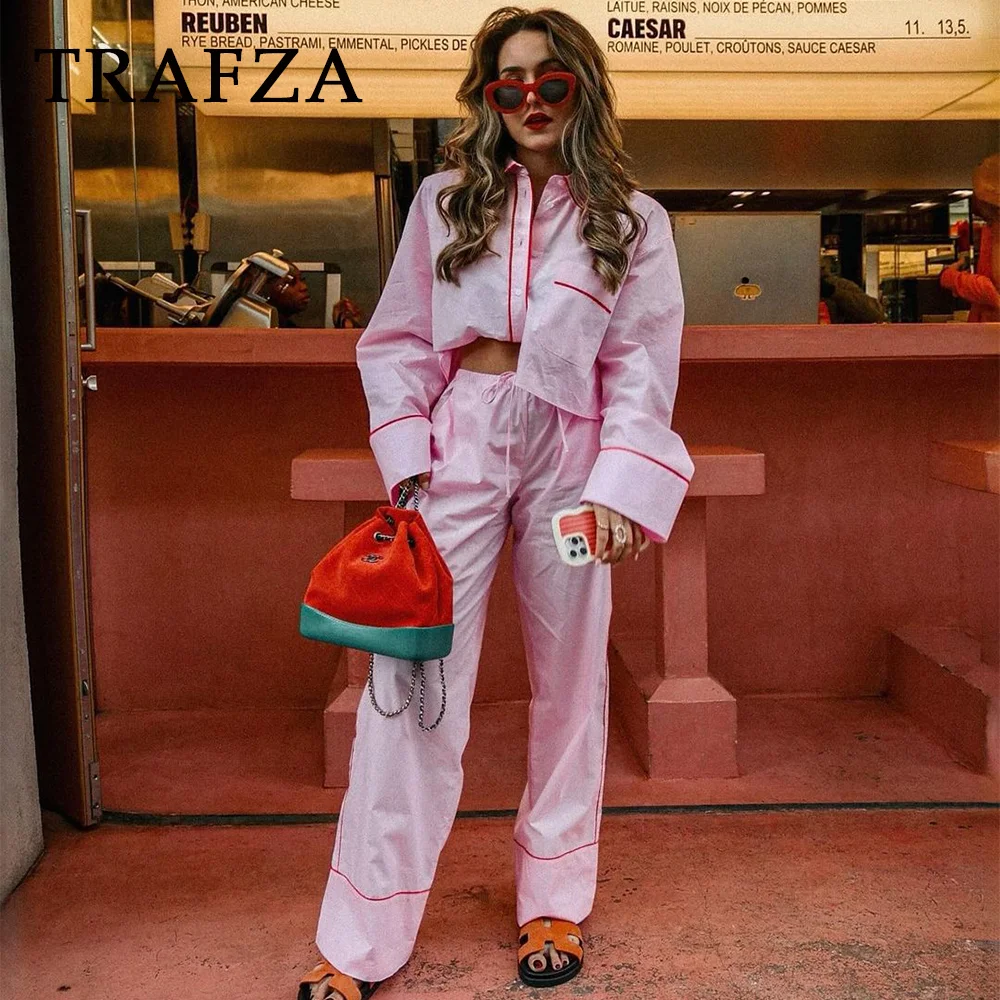 

TRAFZA 2025 Spring Summer Casual Striped Suit Fashion PATCHWORK Turn Down Collar Streetwear Short Shirt+Elastic Waist Long Pant