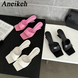 Aneikeh 2024 New Arrival Triangle Strange Style Heels Heel Woman Slippers Sexy Street Party Square Toe Dress Slides Summer Shoes