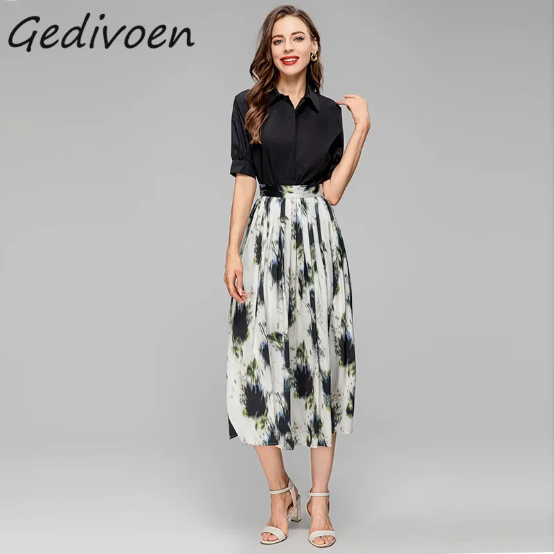 

Gedivoen Summer Fashion Runway Vintages Skirt Set Women's Black Short Sleeve Top+Gathered Waist Tie Dye Half Skirt 2 Pieces Set